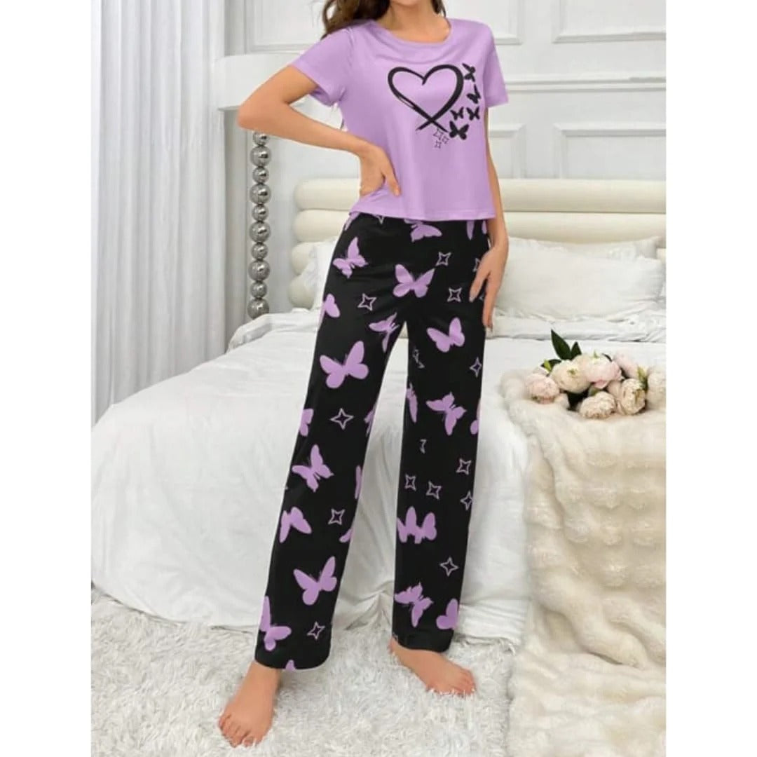 Sweet Dreams Collection Soft And Cozy Heart And Butterfly Printed Nightwear Set for Women