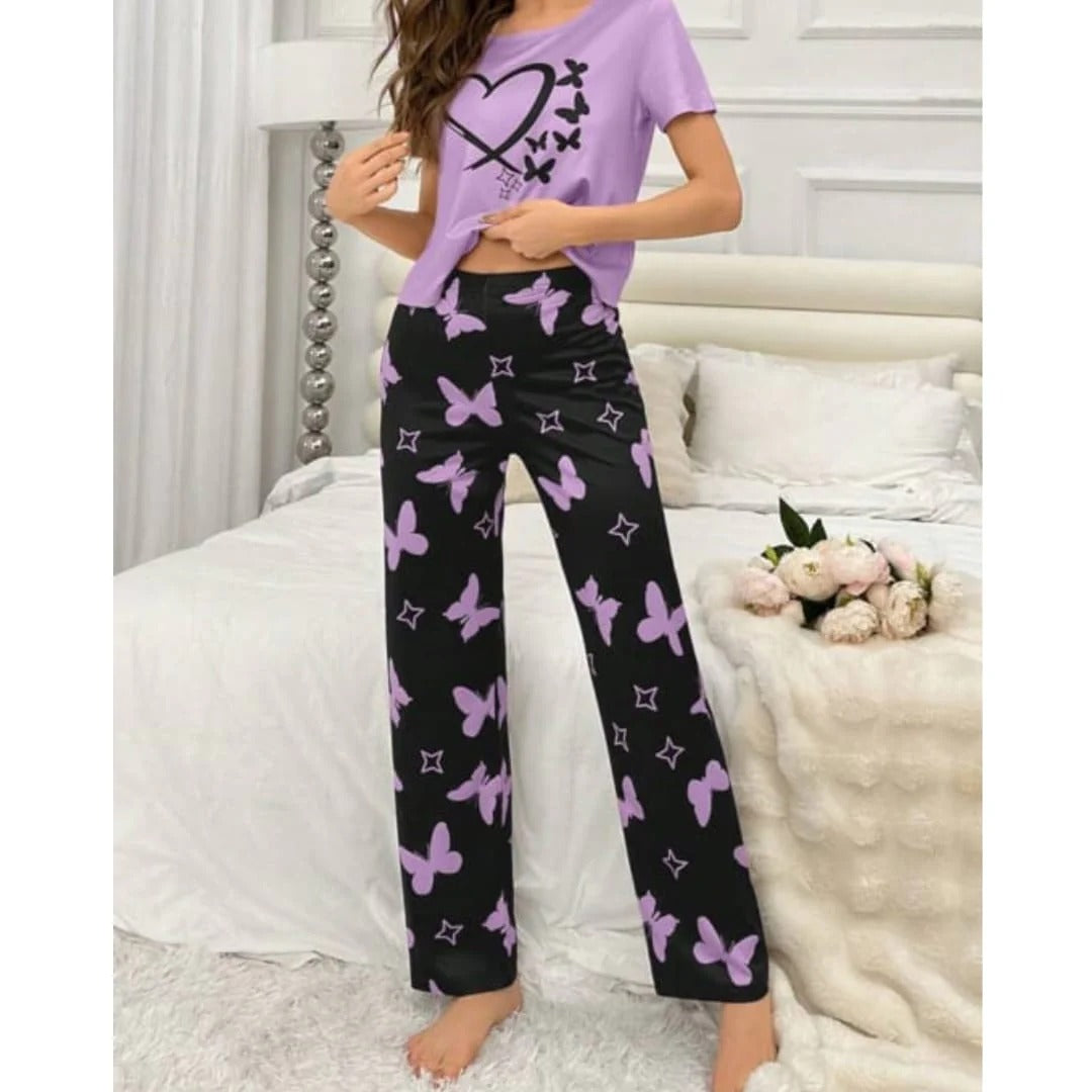 Sweet Dreams Collection Soft And Cozy Heart And Butterfly Printed Nightwear Set for Women