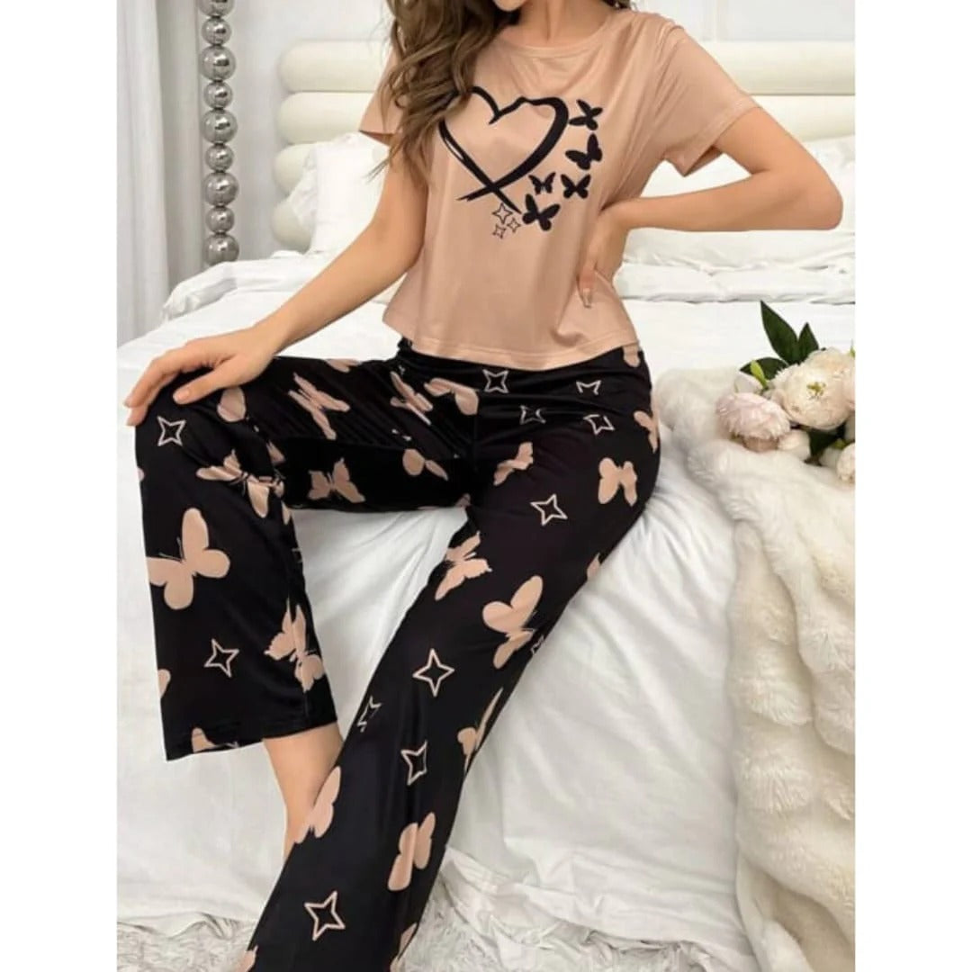 Sweet Dreams Collection Soft And Cozy Heart And Butterfly Printed Nightwear Set for Women