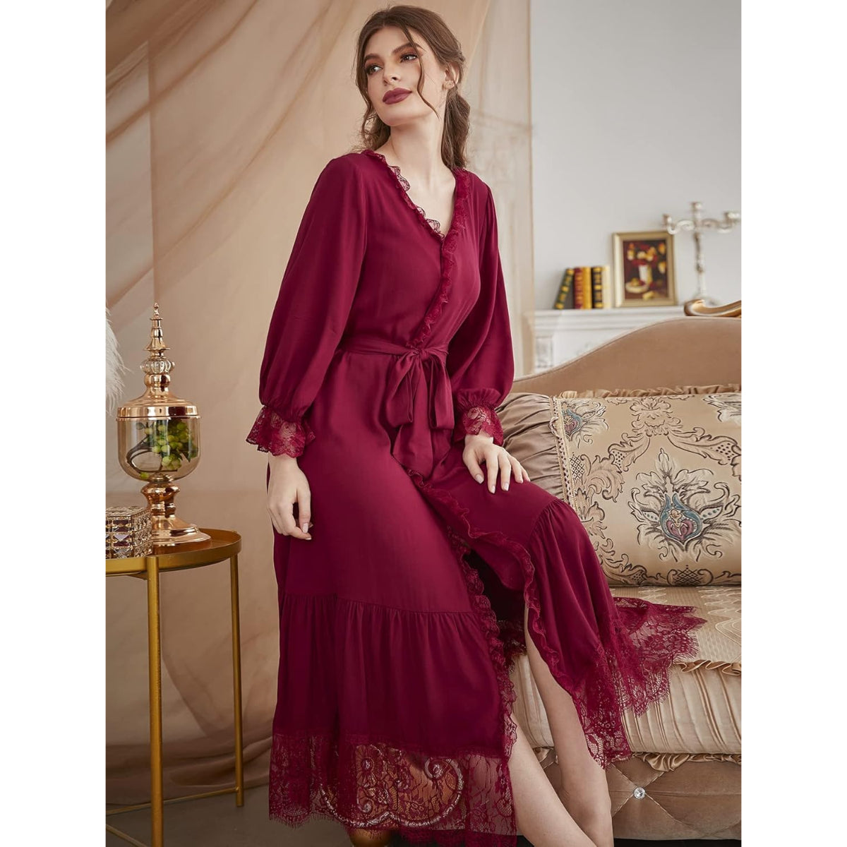 Elegant Soft and breathable Eyelash Lace Flounce Sleeve Ruffle Hem Belted Lounge Robe