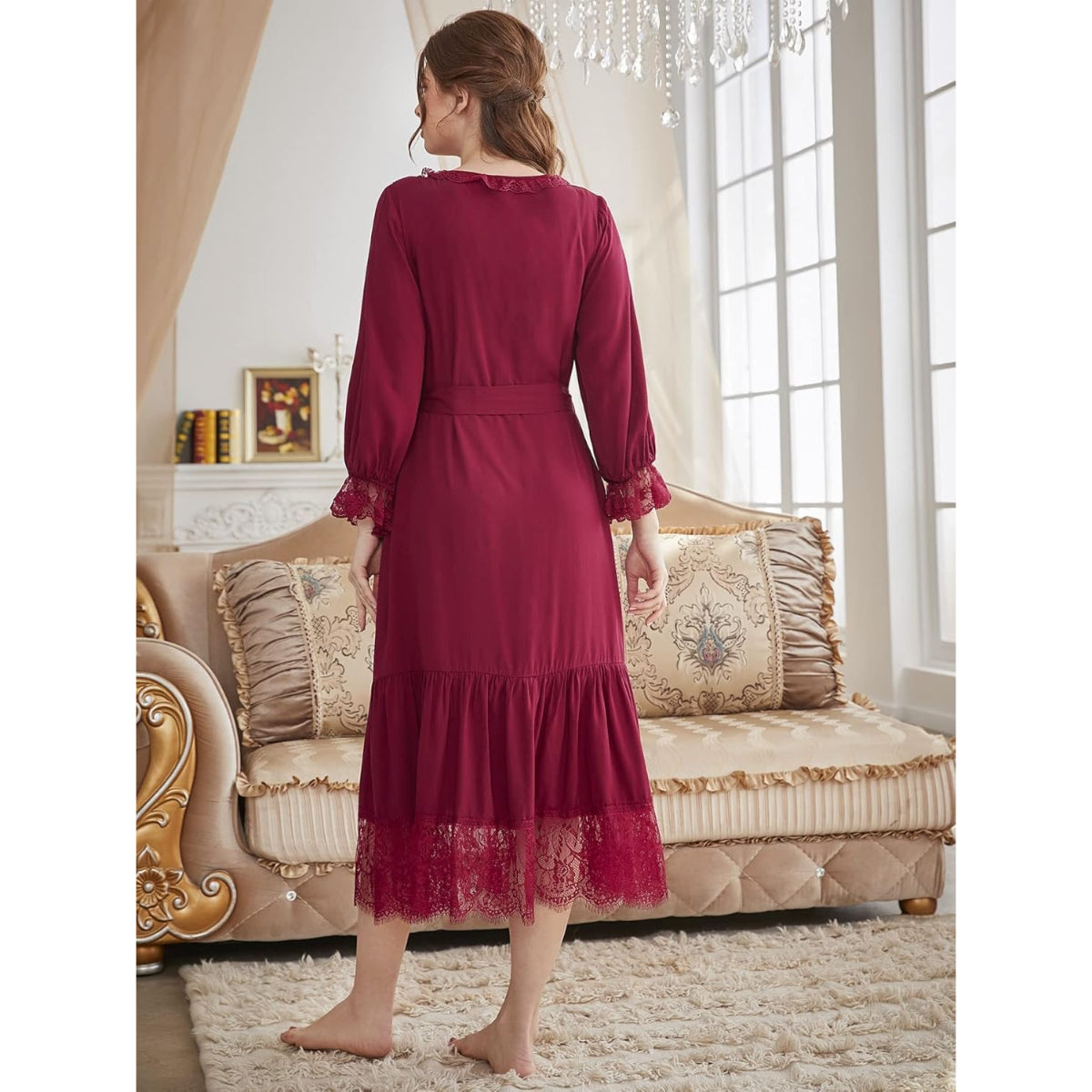 Elegant Soft and breathable Eyelash Lace Flounce Sleeve Ruffle Hem Belted Lounge Robe