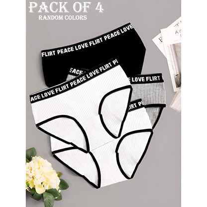 Pack of 4 Stylish Ribbed Women’s Hipster Panties with Letters Printed Elastic Waistband