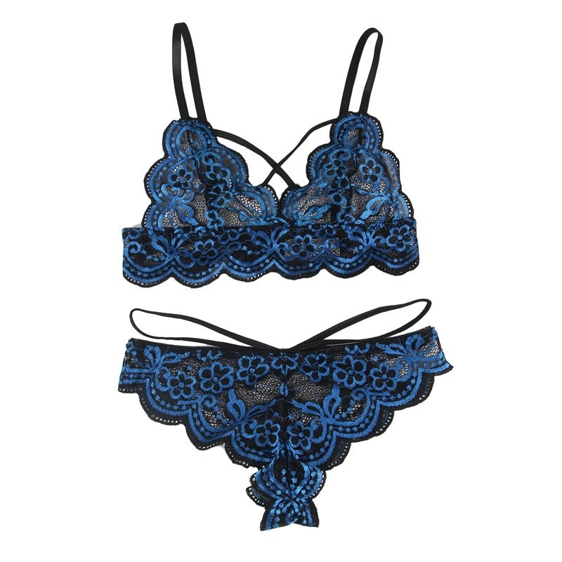 Elegant Two-Tone Floral Lace Lingerie Set with Adjustable Fit and Thong Panties
