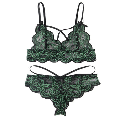 Elegant Two-Tone Floral Lace Lingerie Set with Adjustable Fit and Thong Panties