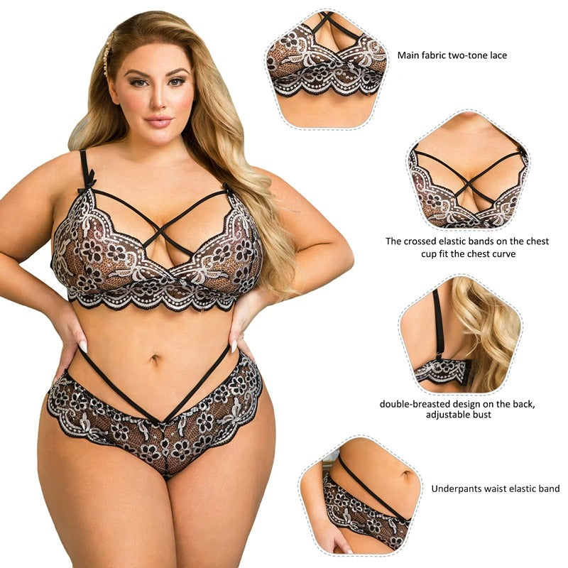Elegant Two-Tone Floral Lace Lingerie Set with Adjustable Fit and Thong Panties