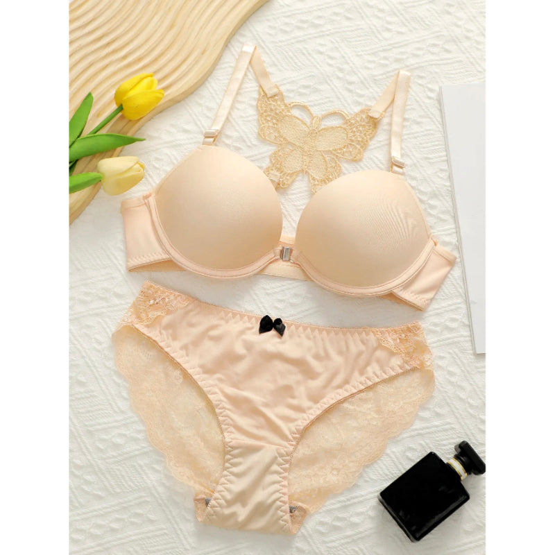 Elegant Butterfly Back Front-Closure Push-Up Bra & Panty Set for Women – Comfortable Everyday Lingerie