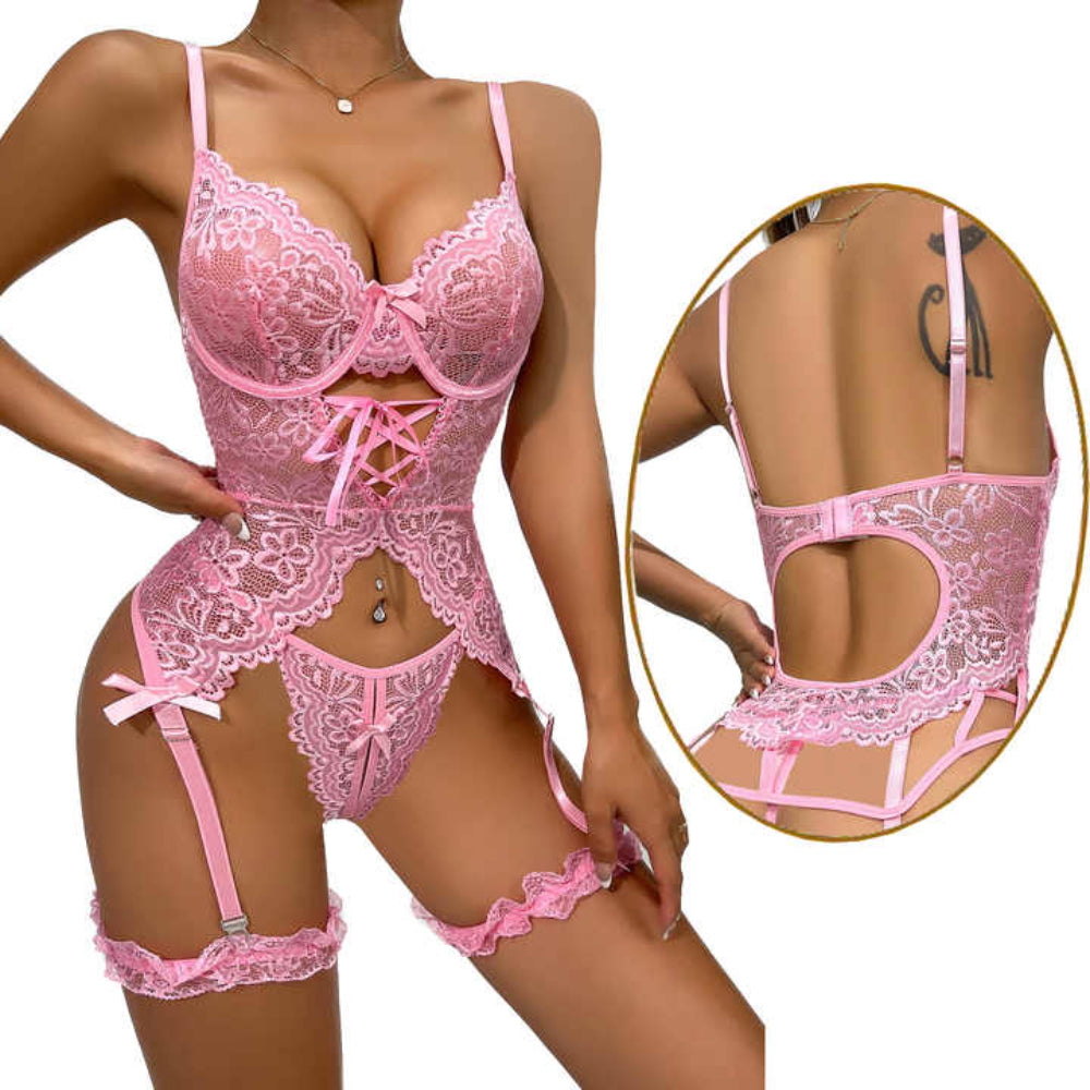 Elegant Floral Design Sexy Babydoll G-String Lace Corset Lingerie Set