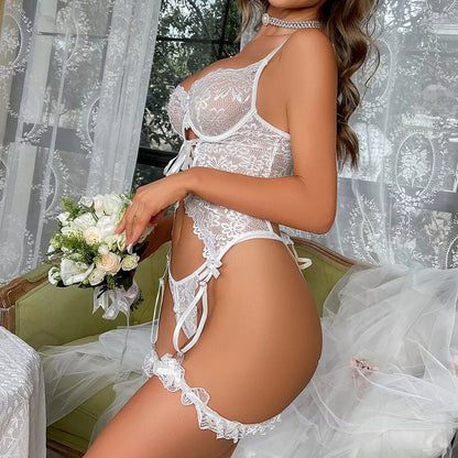 Elegant Floral Design Sexy Babydoll G-String Lace Corset Lingerie Set