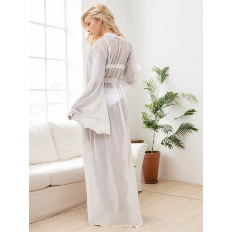 Elegant Sheer Mesh Long Robe with Lace Trim Soft and Sexy Loungewear