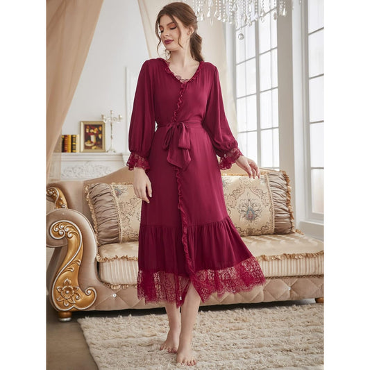 Elegant Soft and breathable Eyelash Lace Flounce Sleeve Ruffle Hem Belted Lounge Robe