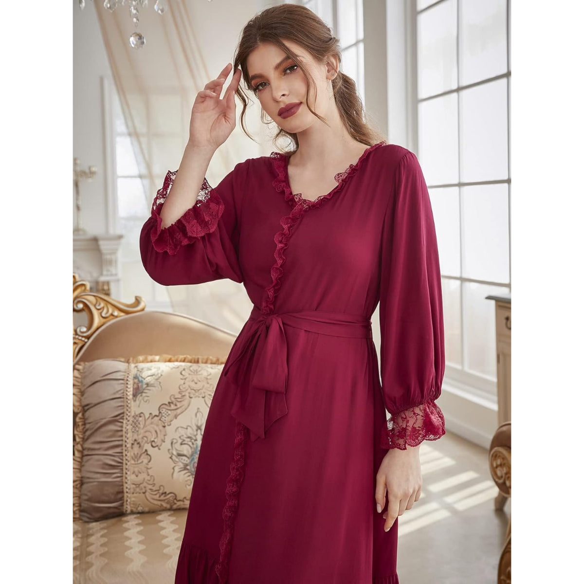 Elegant Soft and breathable Eyelash Lace Flounce Sleeve Ruffle Hem Belted Lounge Robe
