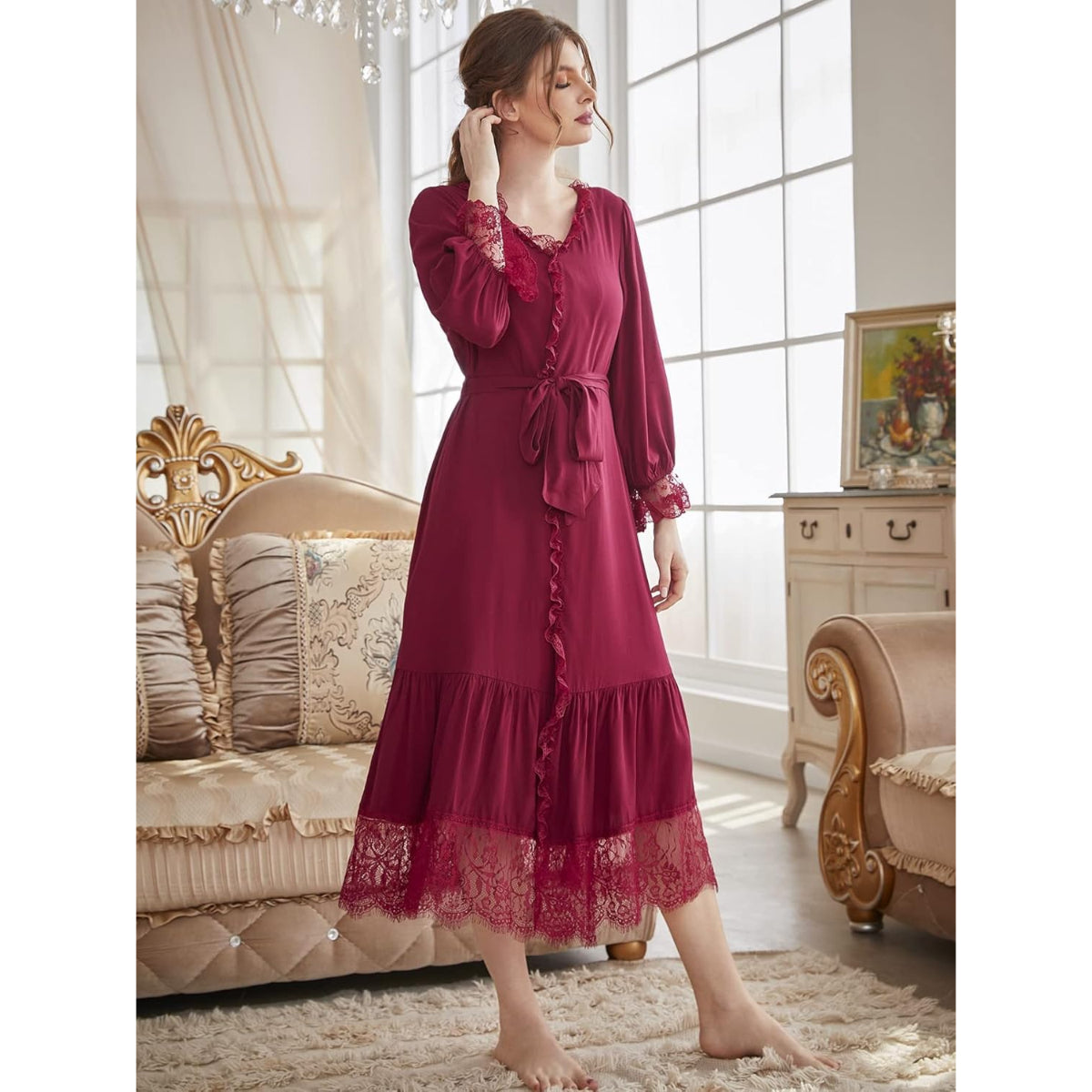 Elegant Soft and breathable Eyelash Lace Flounce Sleeve Ruffle Hem Belted Lounge Robe