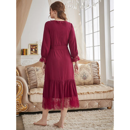 Elegant Soft and breathable Eyelash Lace Flounce Sleeve Ruffle Hem Belted Lounge Robe