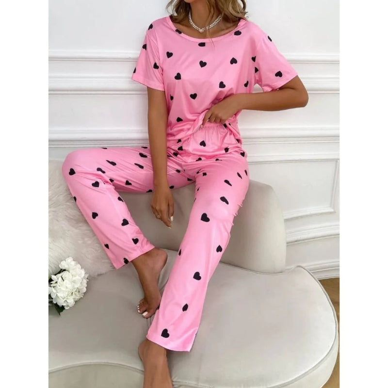 Adorable Soft Pink Nightdress with Playful All-Over Black Heart Prints