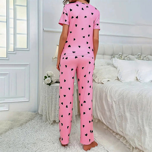 Adorable Soft Pink Nightdress with Playful All-Over Black Heart Prints