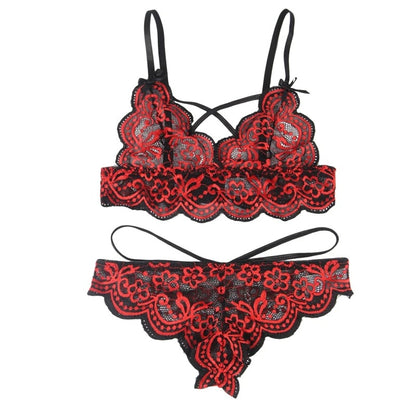 Elegant Two-Tone Floral Lace Lingerie Set with Adjustable Fit and Thong Panties