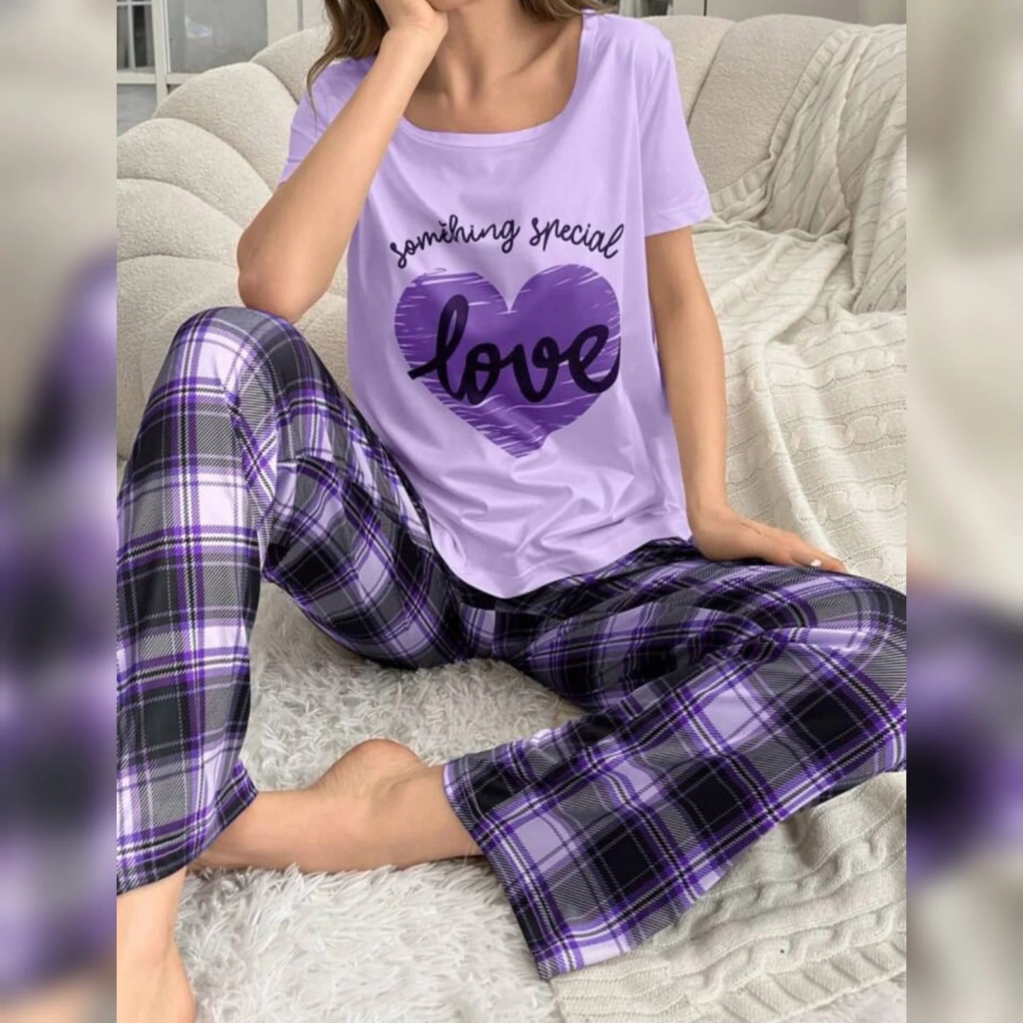 Light Purple With Love Heart Printed and Purple Check Printed Trouser Night Wear