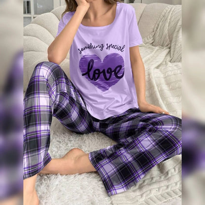 Light Purple With Love Heart Printed and Purple Check Printed Trouser Night Wear