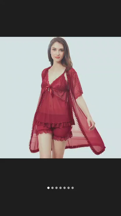 Elegant Lace Mesh Nightwear Set Sexy Sling Nightdress with Outer Shawl & Stretch Thong